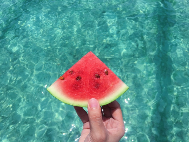 meloun před bazénem